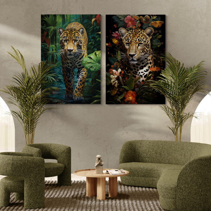 Tablou canvas, modern, Animale, Jaguar cu flori, in jungla, colorat, pentru living [2]