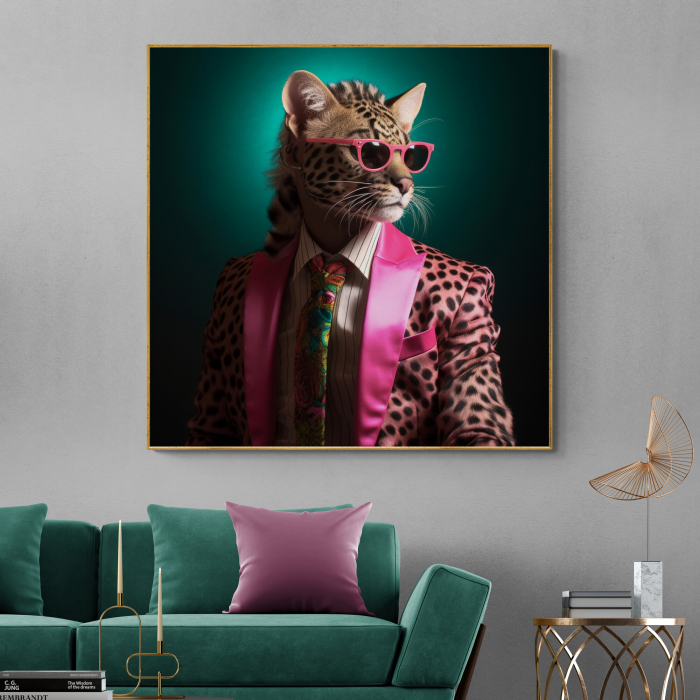 Tablou canvas, modern, Animale, Jaguar in costum pe fundal verde, pentru hol, living [1]