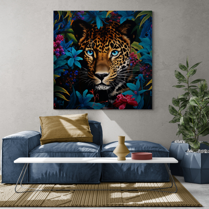 Tablou canvas, modern, Animale, Leopard cu flori, nuante de albastru, pentru living [1]