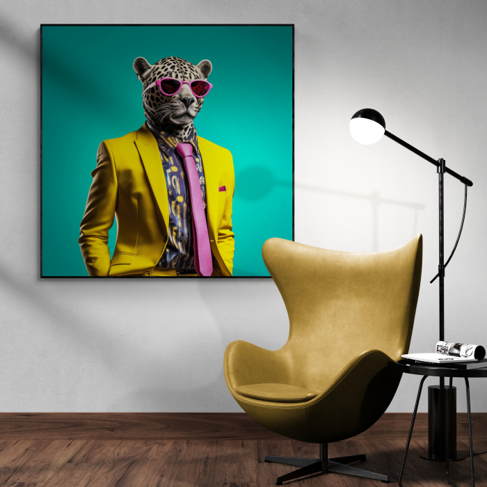Tablou canvas, modern, Animale, Leopard in costum galben pe fundal turcuoaz, pentru hol, living [1]