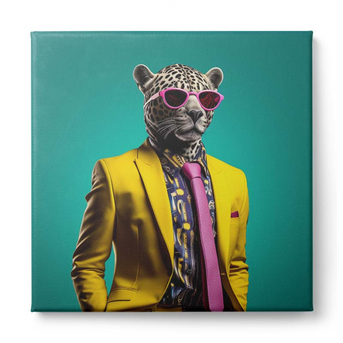 Tablou canvas, modern, Animale, Leopard in costum galben pe fundal turcuoaz, pentru hol, living [2]