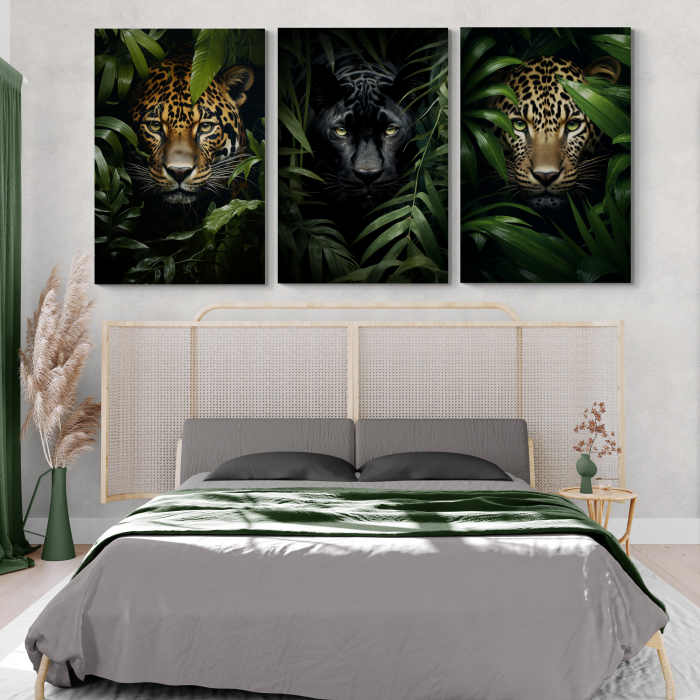Tablou canvas, modern, Animale, Leopard, Jaguar cu frunze verzi, pentru hotel [1]