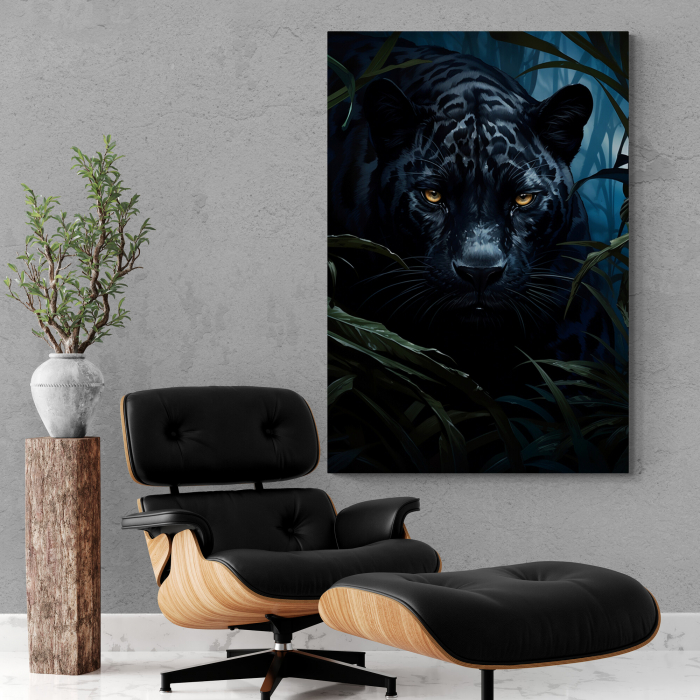 Tablou canvas, modern, Animale, Leopard negru, cu frunze verzi, pentru birou [1]