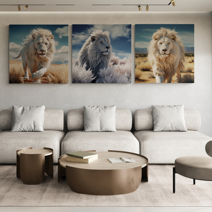 Tablou canvas, modern, Animale, Leu alb in safari, pe fundal negru, pentru living [1]