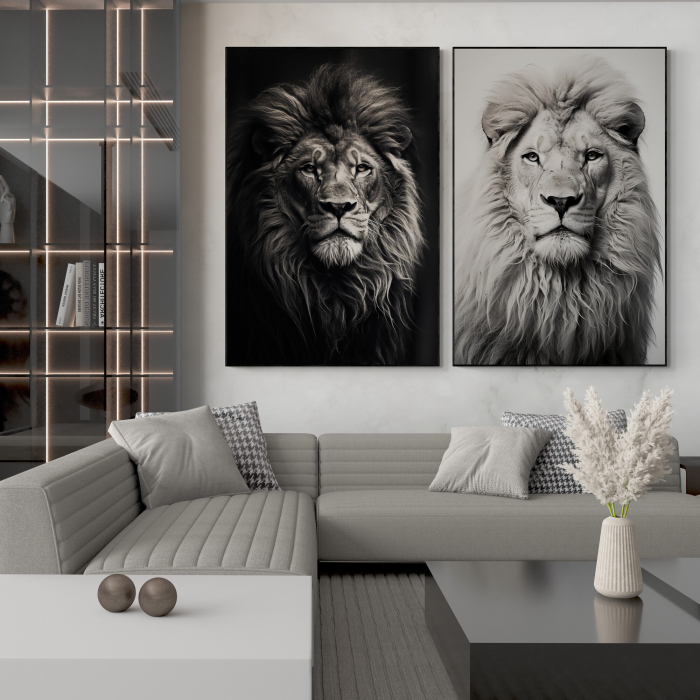 Tablou canvas, modern, Animale, Leu alb negru, pentru living [1]