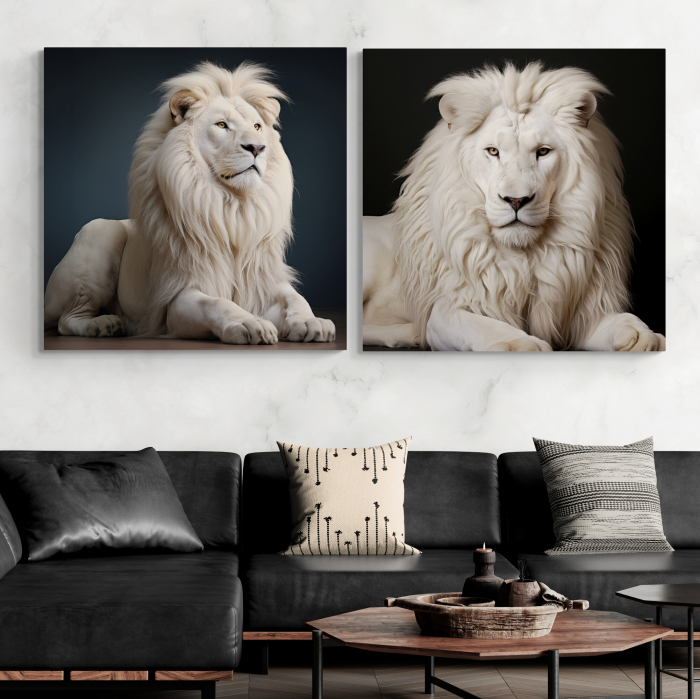 Tablou canvas, modern, Animale, Leu alb, pe fundal negru, pentru living [1]