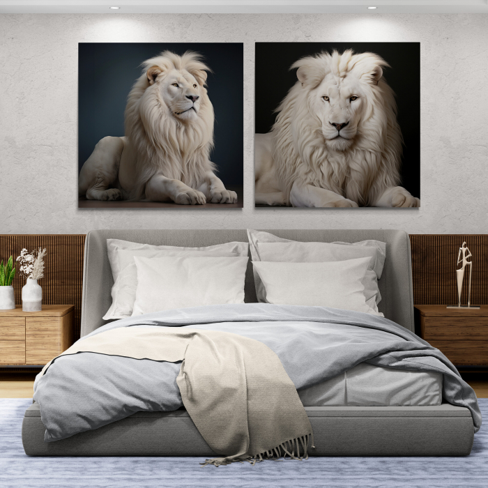 Tablou canvas, modern, Animale, Leu alb, pe fundal negru, pentru living [2]