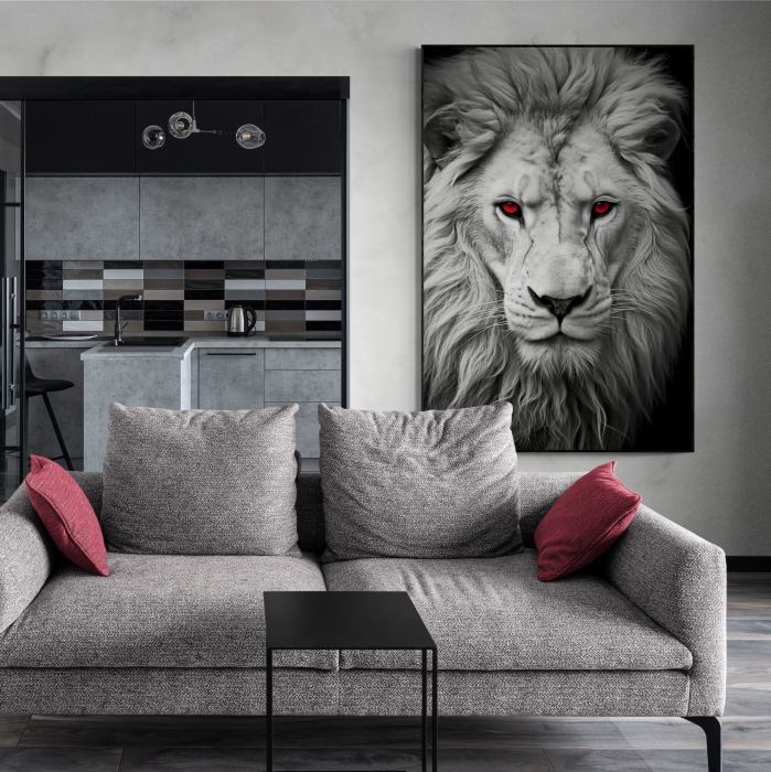 Tablou canvas, modern, Animale, Leu gri pe fundal negru, pentru hol, bucatarie [1]