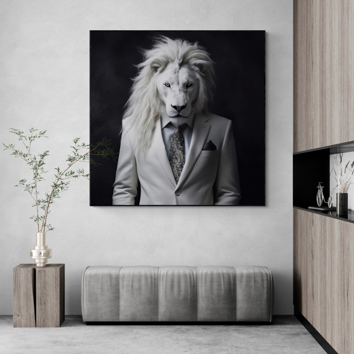 Tablou canvas, modern, Animale, Leu in costum,pe fundal negru, pentru birou, living [1]