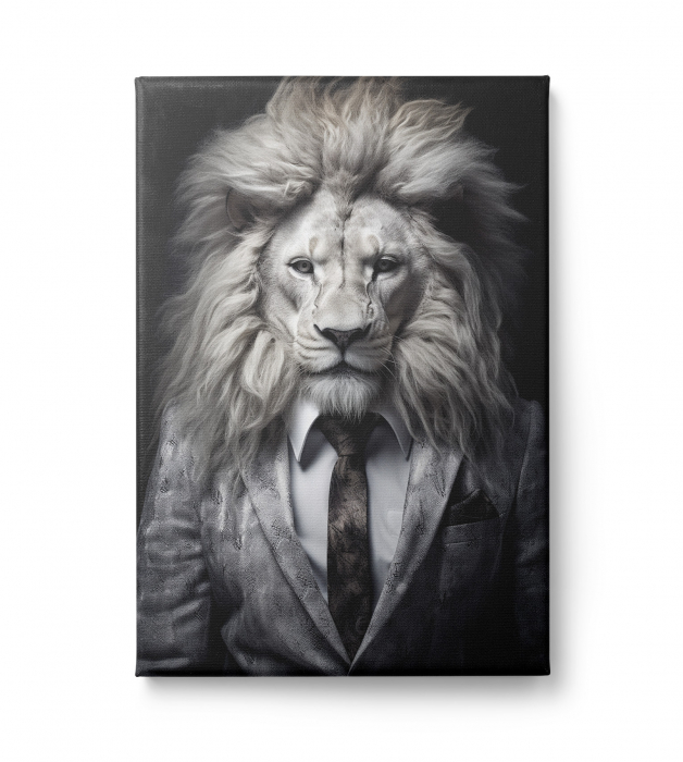 Tablou canvas, modern, Animale, Leu in costum pe fundal negru, pentru living, birou [2]