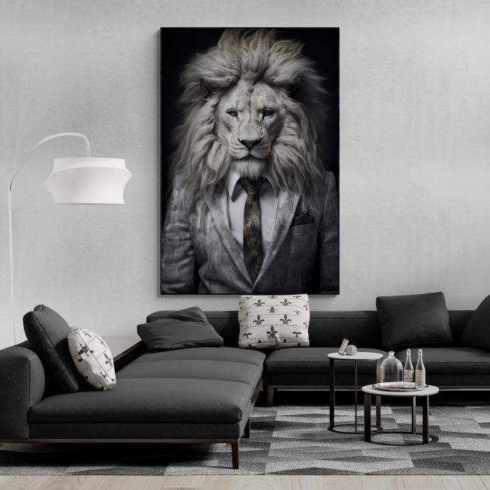 Tablou canvas, modern, Animale, Leu in costum pe fundal negru, pentru living, birou [1]