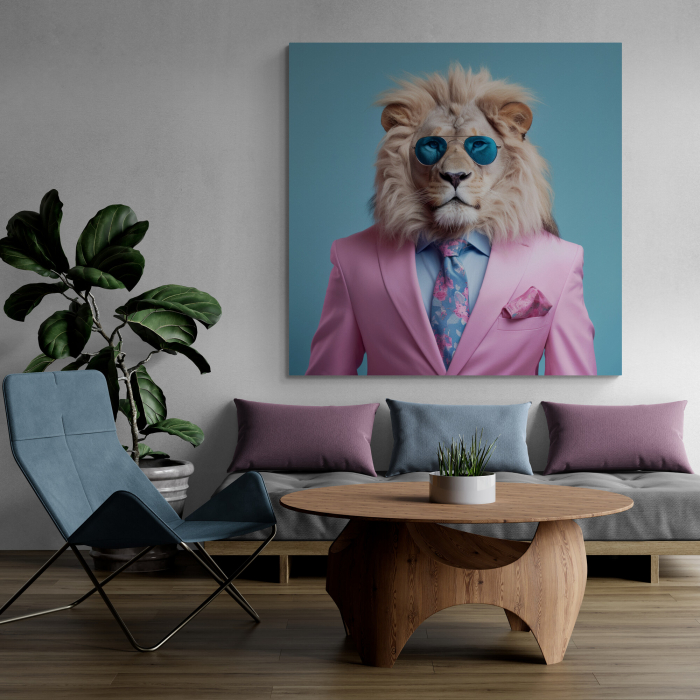 Tablou canvas, modern, Animale, Leu in costum roz pe fundal albastru, pentru hol, living [1]