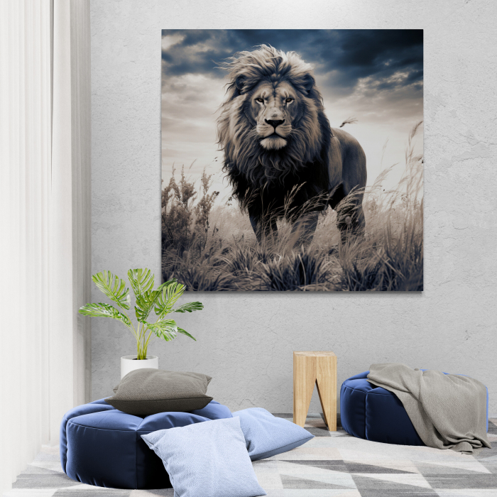Tablou canvas, modern, Animale, Leu in safari, pe fundal negru, pentru hol [1]