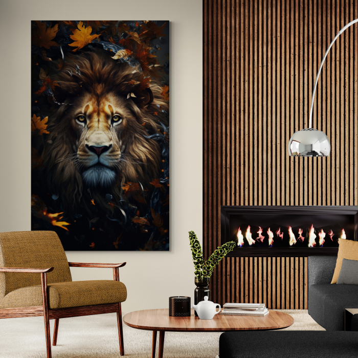 Tablou canvas, modern, Animale, Leu in stil abstract, cu frunze verzi, pentru living [1]