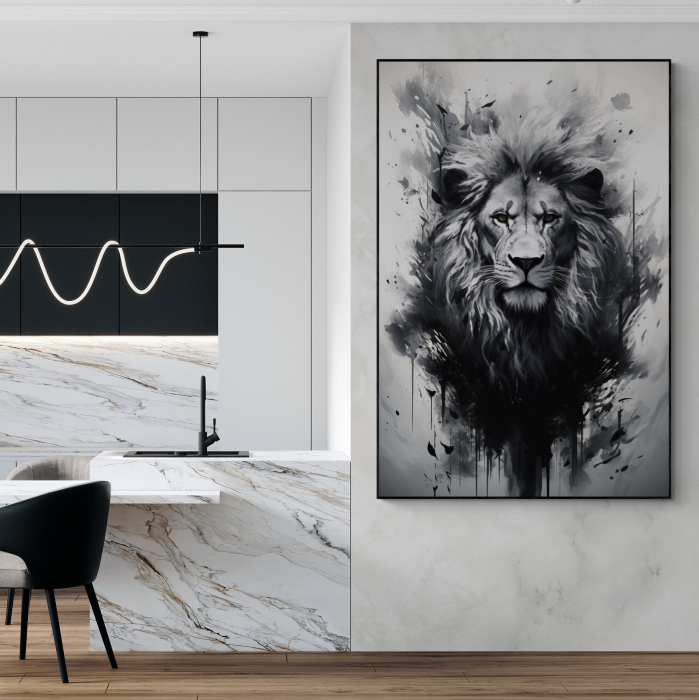 Tablou canvas, modern, Animale, Leu in stil abstract, nuante de alb negru, pentru bucatarie [1]