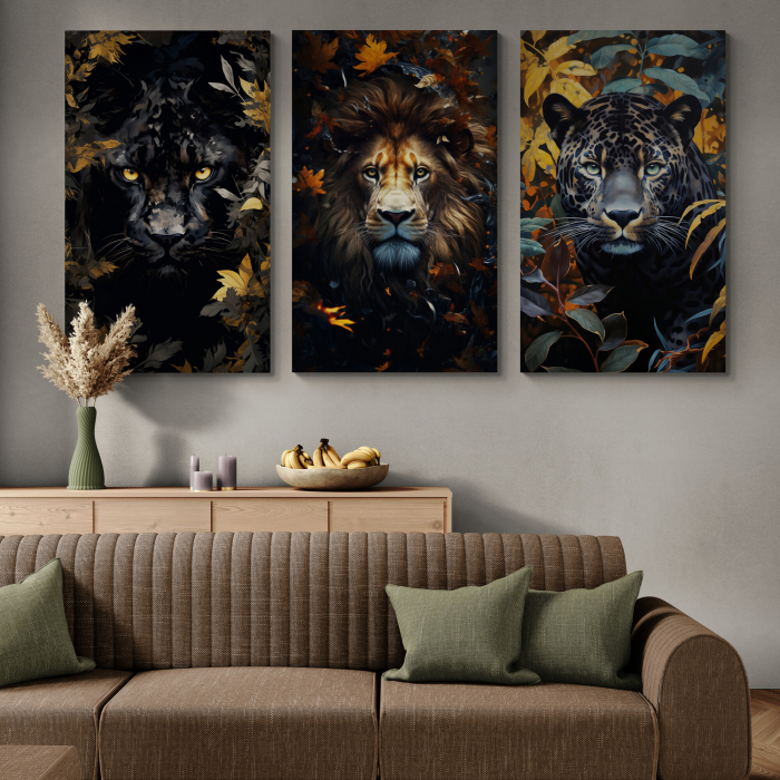 Tablou canvas, modern, Animale, Leu, Jaguar cu frunze, fundal negrupentru hotel [1]