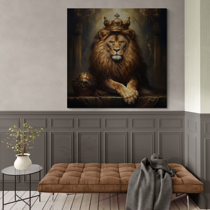 Tablou canvas, modern, Animale, Leu Rege, pe fundal negru, pentru birou [2]
