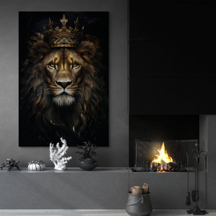 Tablou canvas, modern, Animale, Leu Rege, pe fundal negru, pentru hotel [1]