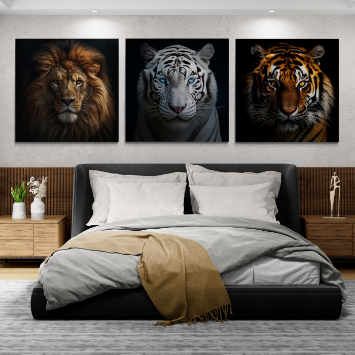 Tablou canvas, modern, Animale, Leu, Tigru pe fundal negru, pentru dormitor [1]