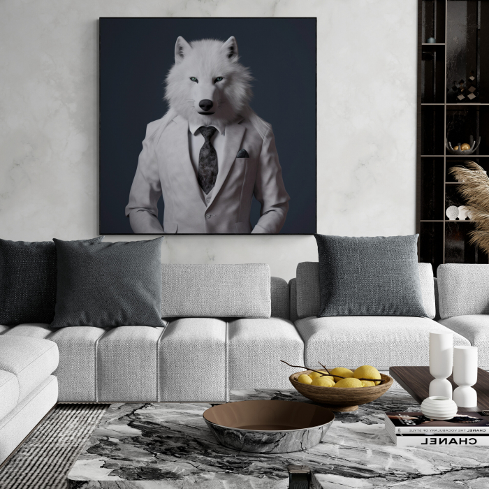 Tablou canvas, modern, Animale, Lup alb pe fundal negru, pentru birou, living [1]