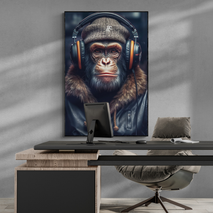 Tablou canvas, modern, Animale, Maimuta cu casti pe fundal negru, pentru hol, birou [1]
