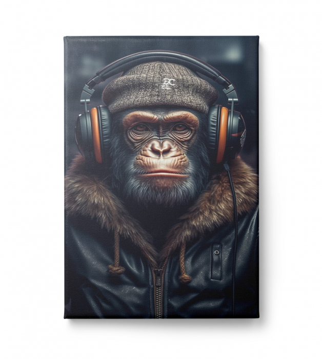Tablou canvas, modern, Animale, Maimuta cu casti pe fundal negru, pentru hol, birou [2]