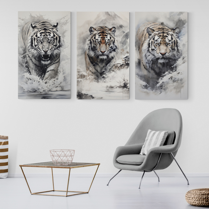 Tablou canvas, modern, Animale, Tigru in natura, munti, apa, in stil abstract, pentru hotel [2]