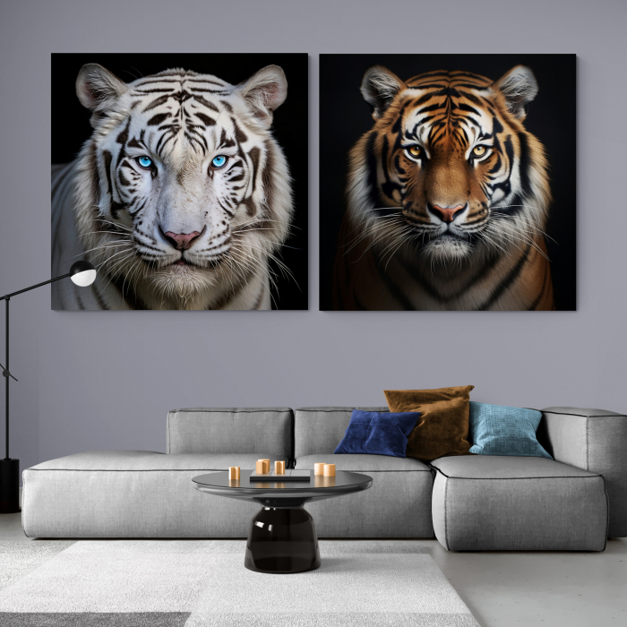 Tablou canvas, modern, Animale, Tigru alb,  maro, pe fundal negru, pentru living [1]