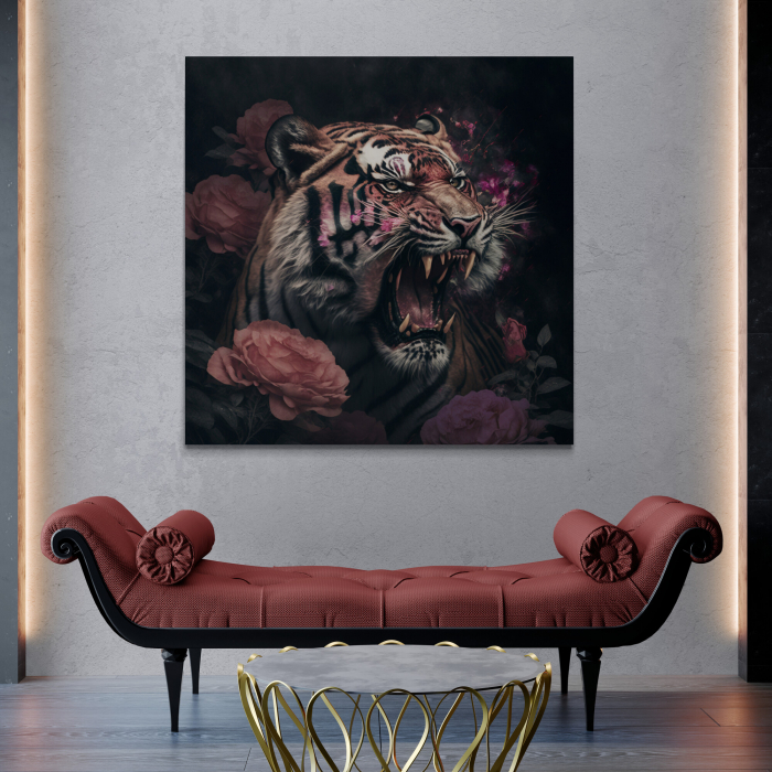 Tablou canvas, modern, Animale, Tigru pe fundal negru cu flori roz, pentru hol [1]