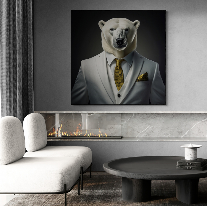 Tablou canvas, modern, Animale, Urs alb in costum,pe fundal negru, pentru birou, living [1]