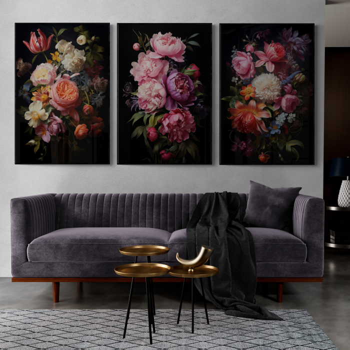 Tablou canvas, modern, buchet cu flori, Bujori, lalele roz, mov, pe fundal negru, pentru living [1]