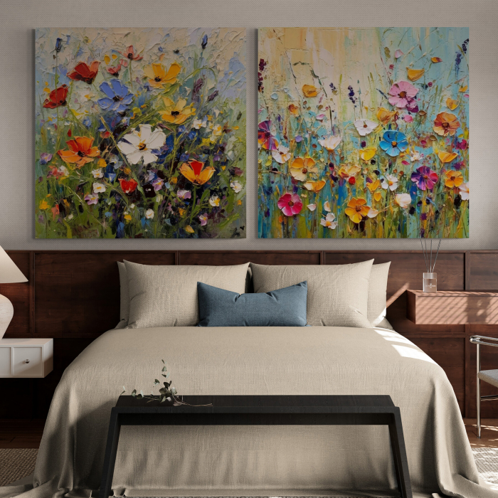Tablou canvas, modern, camp cu flori colorate, pictate  pentru dormitor, hotel [1]