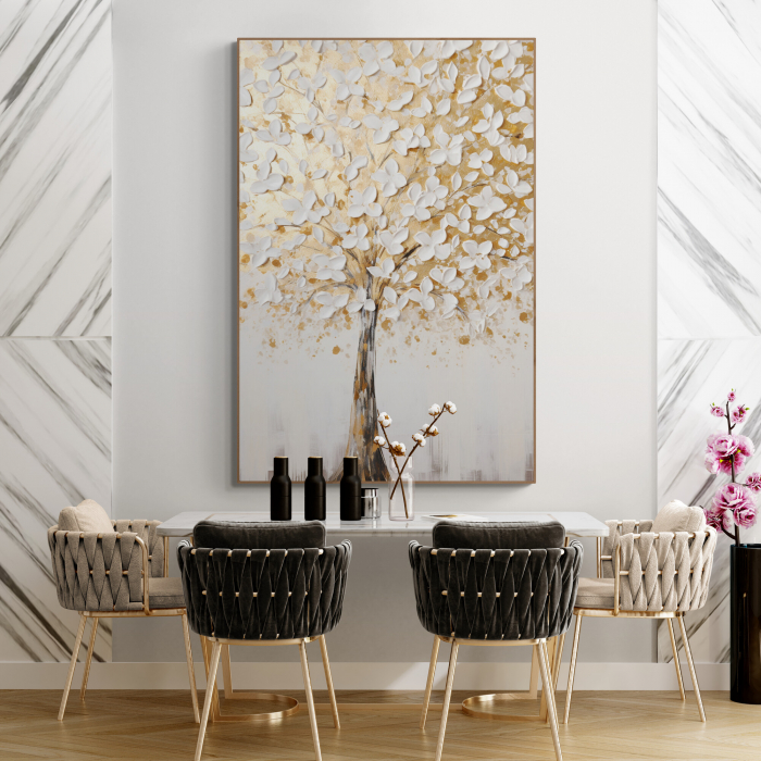 Tablou canvas, modern,  Copac auriu cu flori albe, pentru bucatarie, restaurant [1]