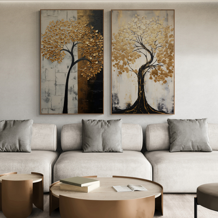 Tablou canvas, modern, Copac in stil abstract, nuante de alb negru, auriu, pentru hotel [1]