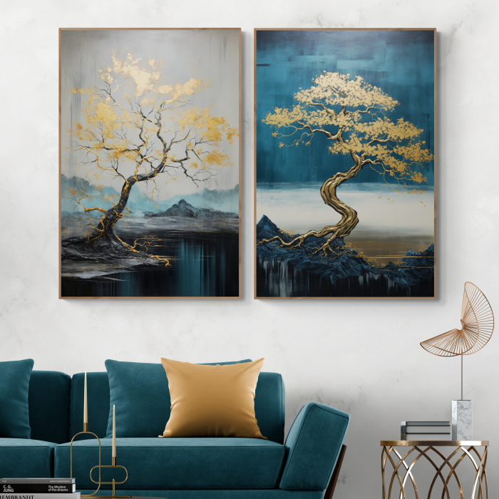 Tablou canvas, modern, Copac in stil abstract, nuante de albastru, auriu, pentru birou [1]