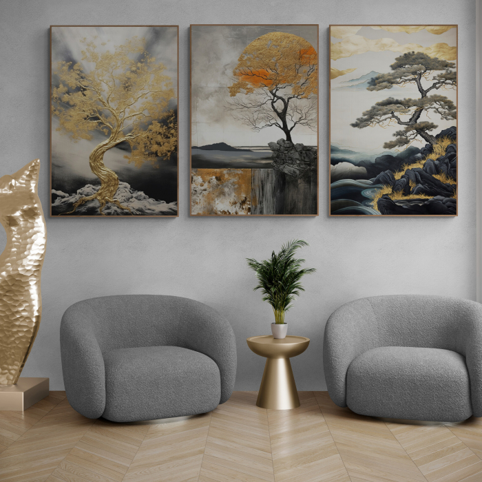 Tablou canvas, modern, Copac in stil abstract, nuante de gri, auriu, pentru hotel [1]