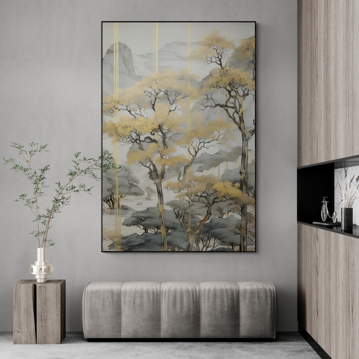 Tablou canvas, modern,  Copaci aurii, nuante de gri pentru hol, hotel [1]