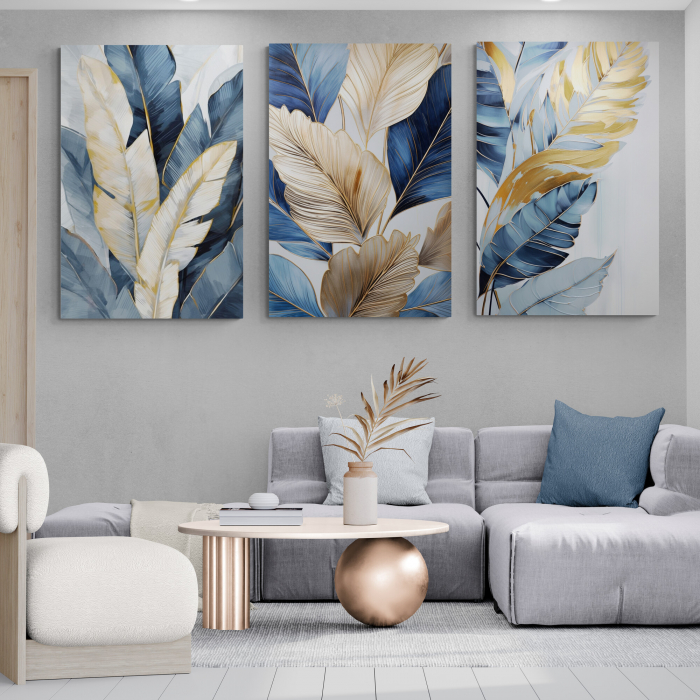 Tablou canvas, modern,  frunze in nuante de auriu, albastru,  pentru living, hotel [1]