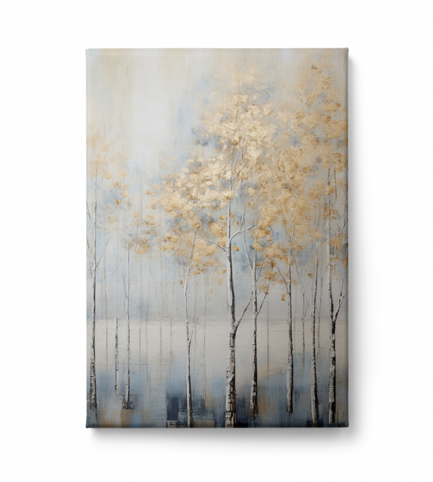 Tablou canvas, modern, cu Copaci, in stil abstract, nuante de albastru, auriu, pentru living [3]