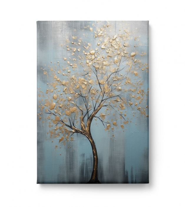 Tablou canvas, modern, cu Copaci, in stil abstract, nuante de albastru, auriu, pentru living [2]