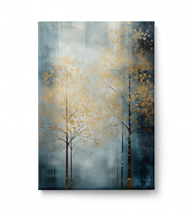 Tablou canvas, modern, cu Copaci, in stil abstract, nuante de albastru, auriu, pentru living [4]