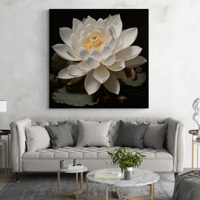 Tablou canvas, modern, cu Floare alba de Nufar, pe fundal negru, pentru living [1]