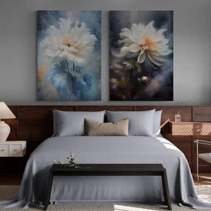 Tablou canvas, modern, cu floare alba, in stil abstract, nuante de gri, albastru pentru hotel [1]