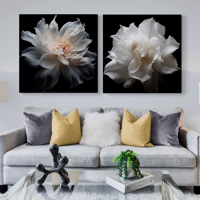Tablou canvas, modern, cu Floare alba, pe fundal negru, pentru living [1]