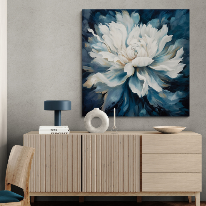 Tablou canvas, modern, cu floare alba pictata in stil abstract, fundal albastru, pentru birou [1]