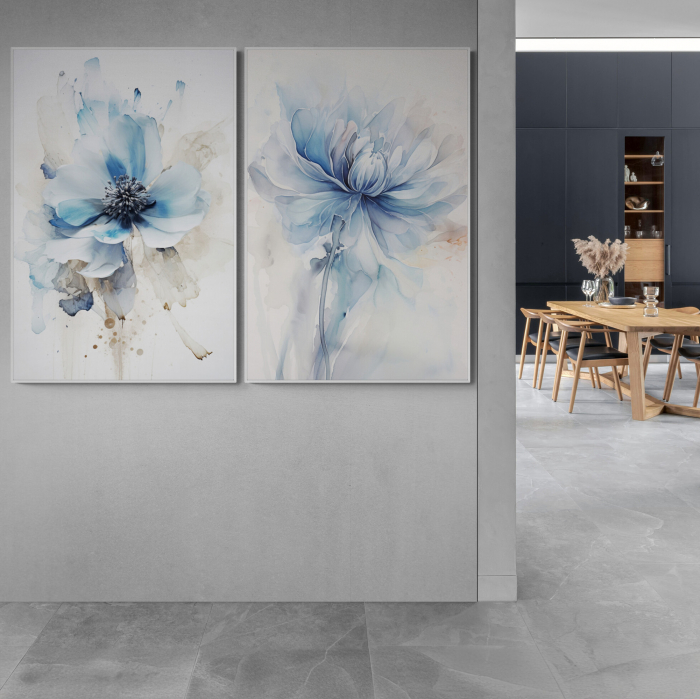 Tablou canvas, modern, cu floare albastra, in stil abstract, pe fundal alb, pentru hol [1]