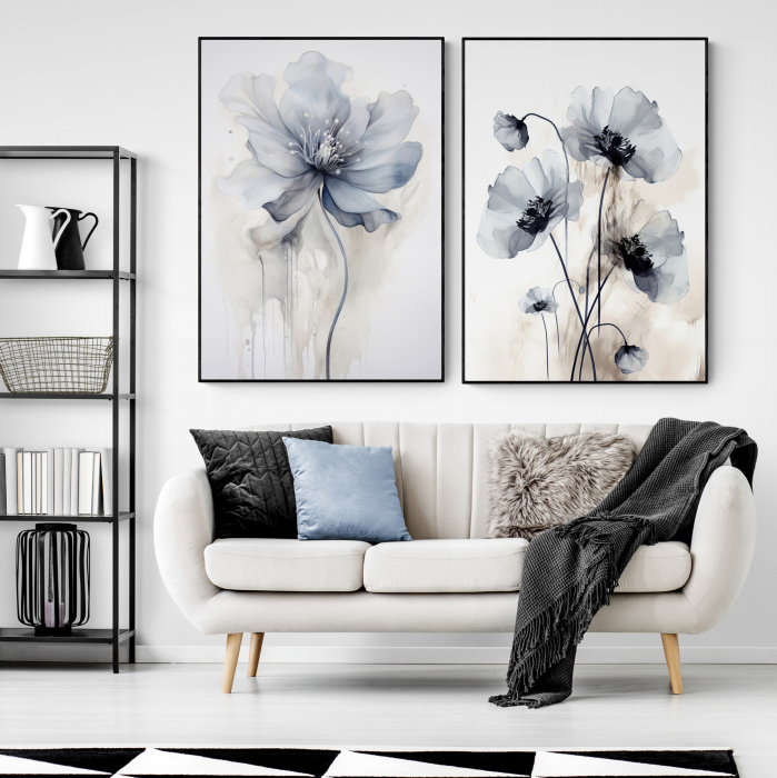 Tablou canvas, modern, cu floare albastra, in stil abstract, pe fundal alb, pentru living [1]
