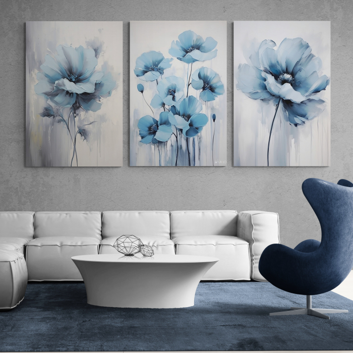Tablou canvas, modern, cu flori albastre, in stil abstract, pe fundal alb, pentru showroom [1]
