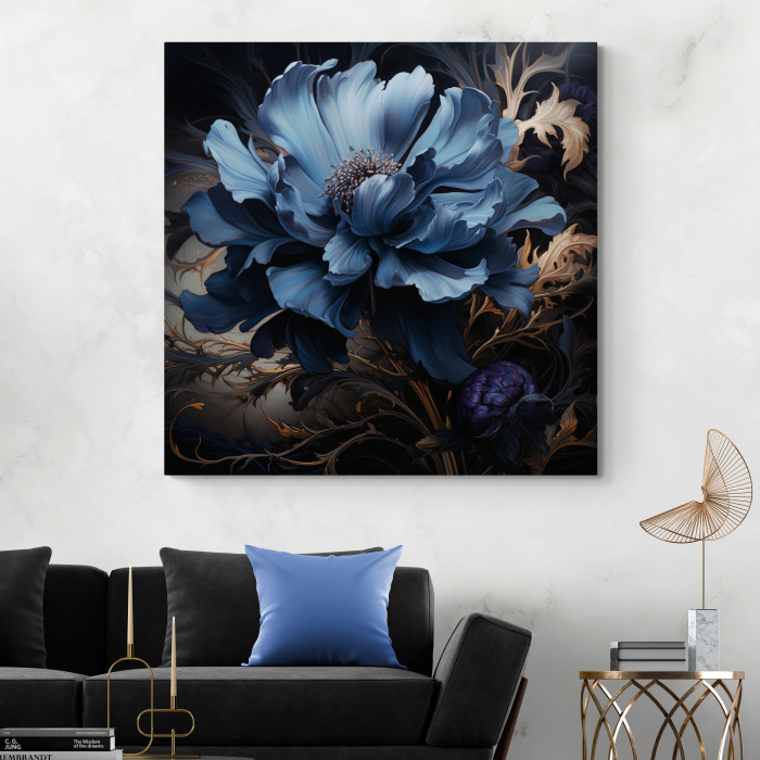 Tablou canvas, modern, cu floare albastra, stilizata, pentru living [1]