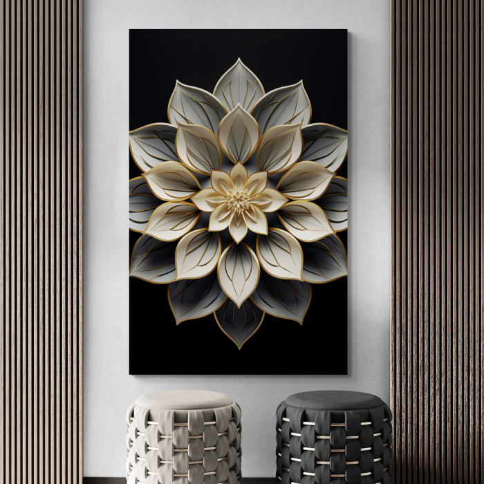 Tablou canvas, modern, cu floare de Lotus crem, pe fundal negru, pentru hotel, birou [1]